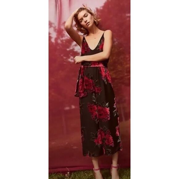 Anthropologie Ett Twa burnout velvet black red holiday jumpsuit. Small - Picture 1 of 4